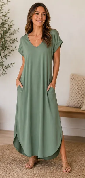 Entro Sage Green‎ V-Neck Maxi Dress Pockets Side Slit Relaxed Fit Large thumbnail 1