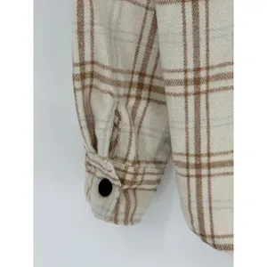 Plaid Shacket Women Medium Tan Oversized Flannel Button Up Shirt Neutral Cozy thumbnail 5