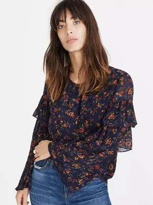 Madewell Ruffle-Sleeve‎ Top Blouse in Climbing Vine Navy Blue Floral Size Medium thumbnail 1