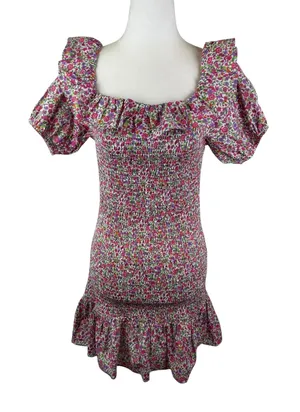 DO+BE Floral Smocked Puff Sleeve Mini Dress Medium Colorful Preppy‎ Bloomcore thumbnail 1