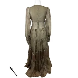 Sheer‎ Crinkle Tiered Maxi Dress Women's S Khaki Ethereal Romantic Coquette Chic thumbnail 6