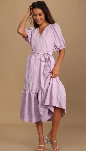 Lulu’s Sunny Love Seersucker Puff Sleeve Button Front Midi Dress Sz XL Lilac thumbnail 1