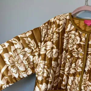 Flying Tomato Floral Quilted Puffer Jacket Mustard Gold Cream Boho Medium thumbnail 5
