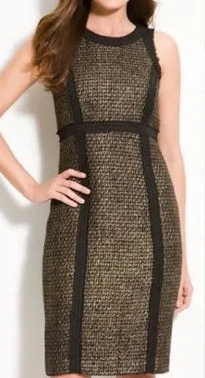 Michael Kors Tweed Sheath Dress Sz 4 Black Gold Metallic Career Cocktail Preppy thumbnail 1