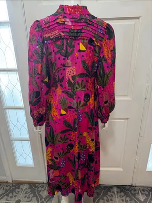 Farm Rio Jungle Print Maxi Dress Womens Pink Leopard Monkey Long Sleeve Sz S thumbnail 11
