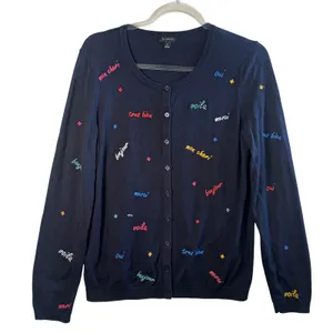 Talbots Cardigan Sweater Navy Blue French Phrase Embroidery Sz‎ M Chic Whimsical thumbnail 1