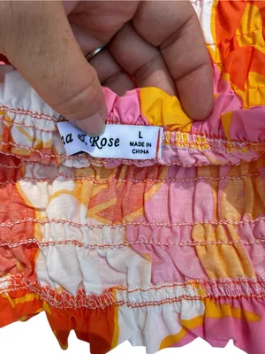 Ana & Rose Floral Smocked Midi Dress Puff Sleeve Tropical Boho Orange Pink L thumbnail 11