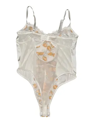 White Satin Floral Embroidered Mesh Snap Bodysuit Yellow Daisy Appliqué size M thumbnail 2