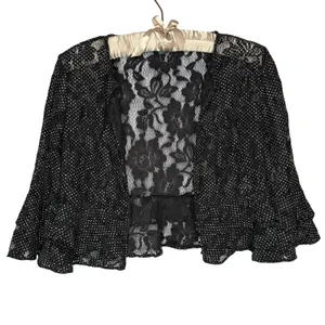 LRL Ralph Lauren Small Lace Overlay Cardigan Bell Sleeve Open Sheer Black Ruffle thumbnail 7
