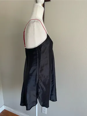 Vintage Victoria's Secret Black Satin Chemise with Pink Straps and White Trim thumbnail 3
