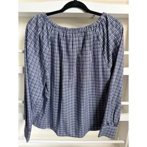 Loft Outlet Plaid Long Sleeve Blouse Purple Green Elastic Neck Top Medium thumbnail 2
