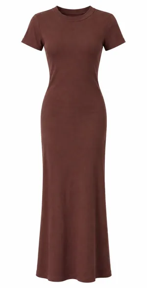 REORIA Brown Ribbed Bodycon Maxi Dress XS Short Sleeve Stretch Minimalist thumbnail 1