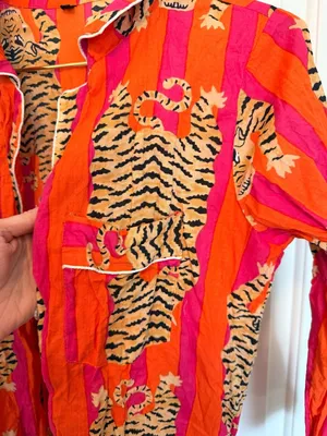 Cotton Long Pajama Set in Tibetan Tiger Pink & Orange thumbnail 6