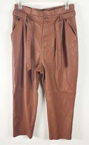 FREE PEOPLE Faux Leather Camel Paperbag Tie Waist Raw Hem Pants 14 Boho Chic thumbnail 1