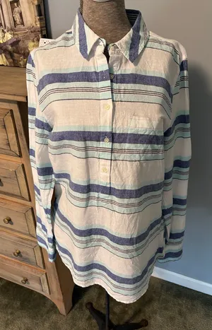 GAP Blue Linen Striped Button-Down Long Sleeve Shirt thumbnail 1