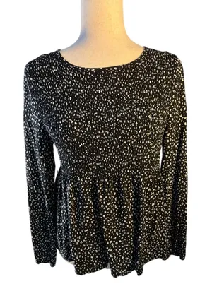 URBAN Romantics Black and White Smocked Peplum Long Sleeve Blouse thumbnail 1