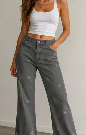 Warp + Weft Gray Star-Print Wide Leg Jeans thumbnail 1