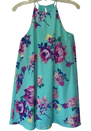 Everly Aqua Blue Floral Halter Trapeze Mini Dress Small Purple Pink Flower Print thumbnail 1