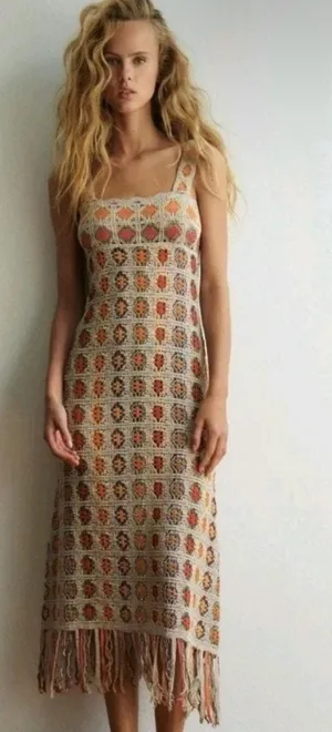 Zara Beige Crochet Midi Dress with Orange & Brown Motif thumbnail 1