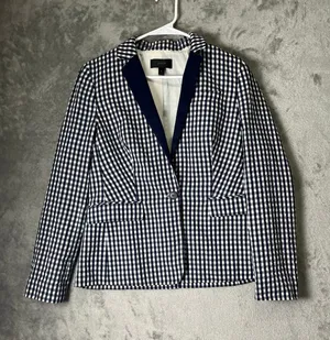 J.Crew Puckered Gingham Blazer Navy White Cotton 1-Button Blazer Jacket Size 6 thumbnail 1