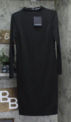 Halston Womens Mock-Neck Belted Long-Sleeve Dress HS4I2AYE Black M thumbnail 1