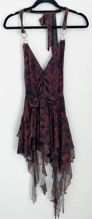 Urban Outfitters Size S Brown V Neck Y2K Dress Waterfall Boho Flowy Mini thumbnail 1