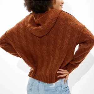 American Eagle Brown Hooded Cable Knit V Neck Sweater Cottagecore Size Small thumbnail 5