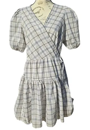 J.‎ Crew Cotton Voile Wrap Mini Dress Puff Sleeves In Oyster White Plaid Small thumbnail 1