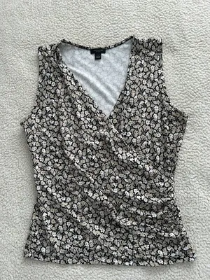 Ann Taylor Faux Wrap Surplice Sleeveless Jersey Blouse Tan Floral Sz S thumbnail 3
