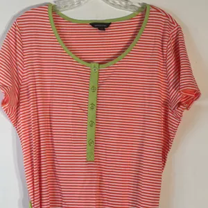 Lands End Orange White Striped Henley Dress XL 18 Short Sleeve‎ Green Belt thumbnail 3