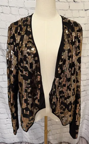 GUESS gold sequin black Open Leopard Print cardigan Size XL thumbnail 1