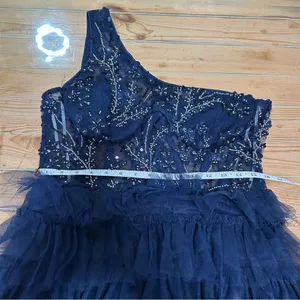 Lulus Fanciful Charm Navy Mesh Beaded Tiered One-Shoulder Mini Dress thumbnail 8