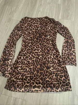 Leopard Print Long Sleeve Mini Dress - Brown/Tan thumbnail 2