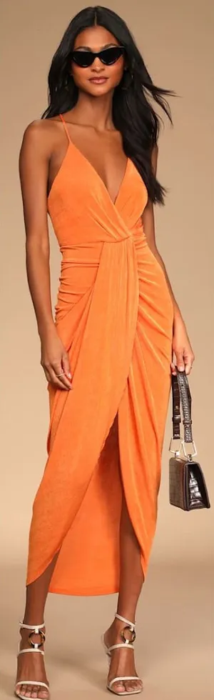 Lulus Dreamy Date Orange Surplice Midi Dress Size Small Sleeveless Sexy Mobwife thumbnail 1