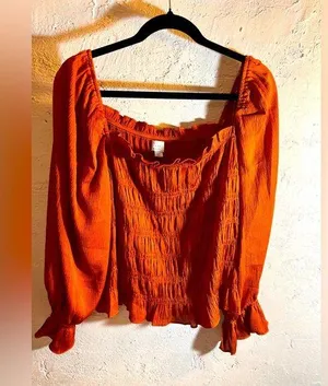 A New Day Orange Smocked Ruffled Sleeve Blouse NWOT ruffles square neckline boho thumbnail 1