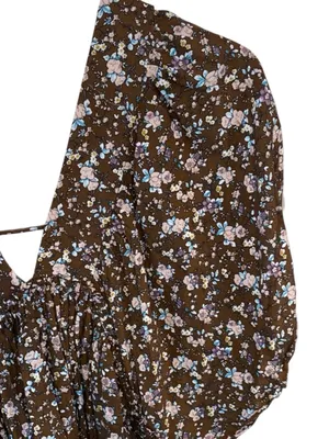 Millibon Brown Floral V-Neck Puff Sleeve mini cottagecore summer day Dress thumbnail 4