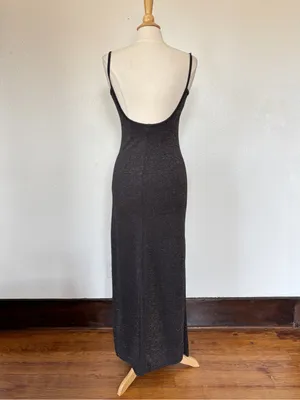Vintage 90s Black + Silver Glitter Full Length Sleeveless Prom Dress thumbnail 5