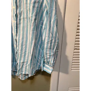 Gap Womens Sz Medium Linen Blend Easy Shirt Button Down Teal White Stripe Pocket thumbnail 6