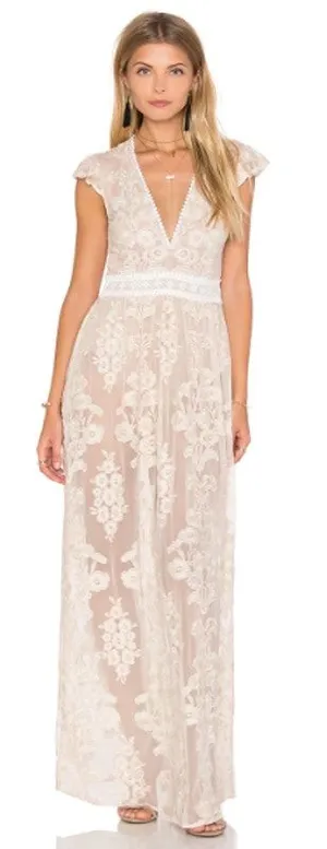 For Love & Lemons Violetta Embroidered Mesh Lace Maxi Dress Nude Ivory White L thumbnail 1