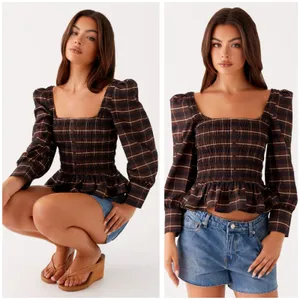 Peppermayo Joyce Long Sleeve Cotton Shirred Top Size 6 Chocolate Check Smocked thumbnail 3