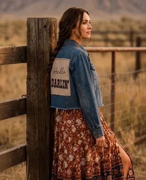Boutique Handmade “Hello Darlin’” Denim Jacket | Country Western Cropped Jean Jacket thumbnail 5