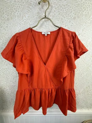 Madewell Rusted Clay Linen-Blend Flutter-Sleeve Peplum Top - Size - Medium thumbnail 7
