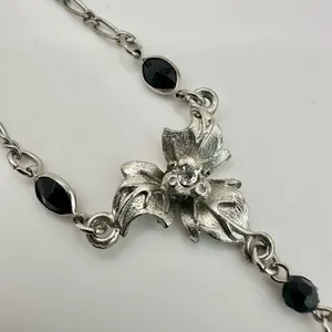 silver tone and black floral rhinestone pendant necklace thumbnail 6