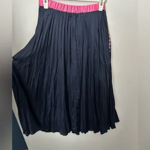 Kerri Rosenthal Navy Long pleated Skirt with pink detail on one side small thumbnail 3