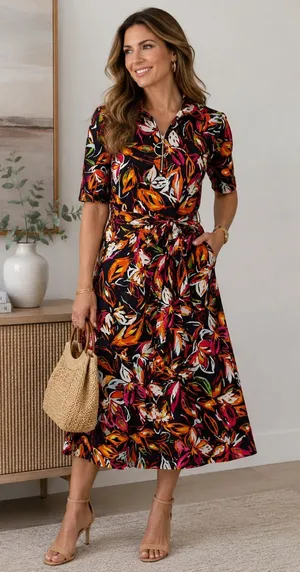 MSK Floral Zip Front Tie Waist‎ Midi Dress Black Multicolor Small thumbnail 1
