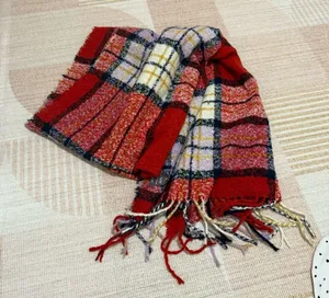 Aerie Winter Plaid Red Purple Oversized Chunky Cozy Blanket Fringe Scarf EUC thumbnail 1