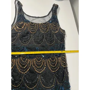 Vintage Art‎ Deco Beaded Scallop Mini Dress Navy Gold Iridescent Flapper thumbnail 8