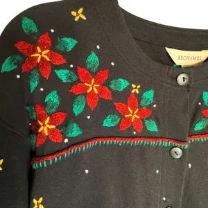 Bechamel Black Knit Button Christmas Cardigan Womens Small Poinsettia VTG FLAW‎ thumbnail 5
