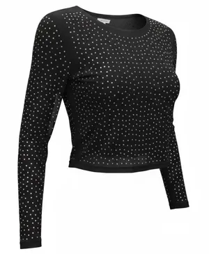 Haute Monde Black Rhinestone Embellished Long Sleeve Cropped Top‎ Women's Size S thumbnail 1