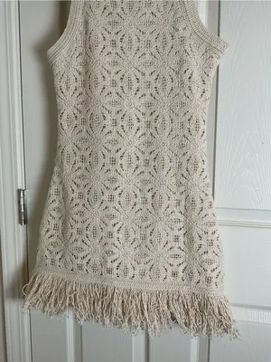 Zara Cream Crochet Knit Fringe Hem Mini Dress Size Small S NWT thumbnail 3